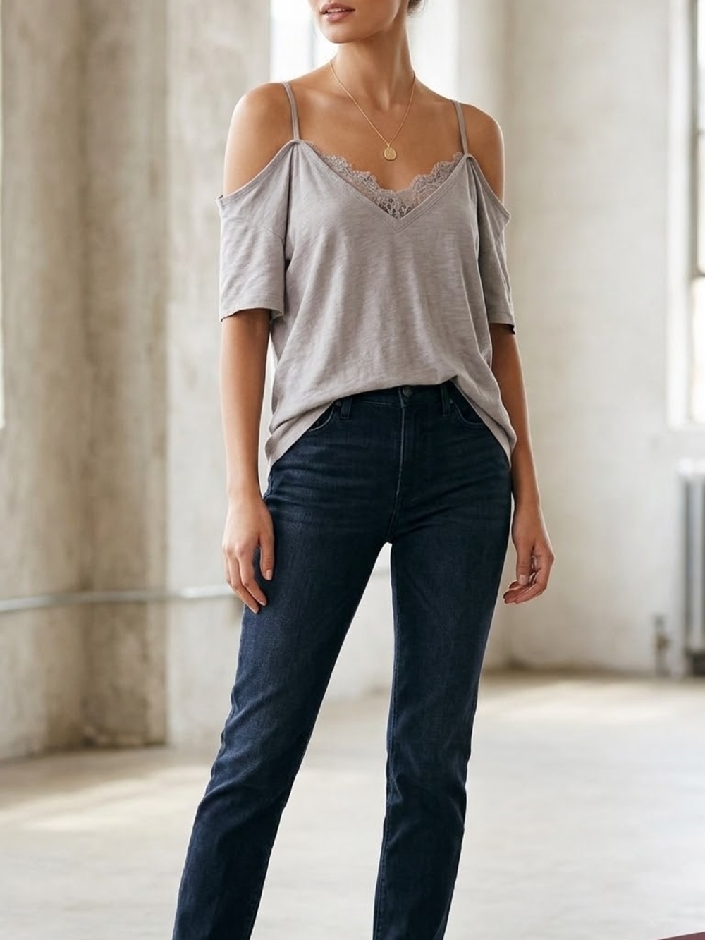 Mustard Seed Light Gray Cold-Shoulder Lace Trim Top